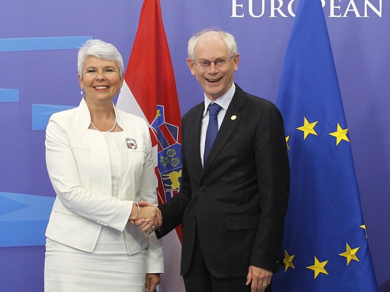 Herman Van Rompuy verwelkomt de Kroatische premier Jadranka Kosor tot de EU.