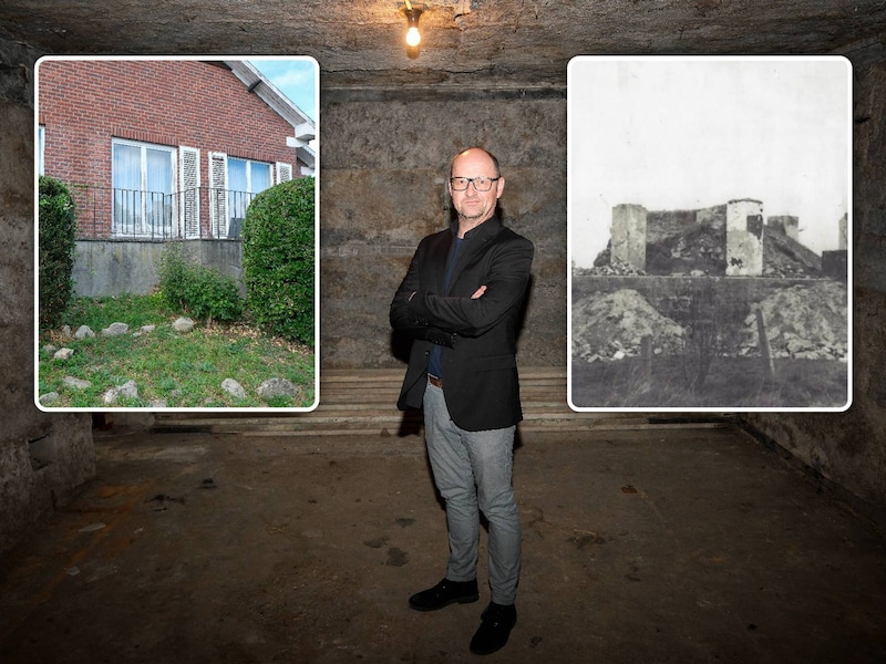 Bart Verstockt in de bunker (inzet rechts) waarop zijn ouders hun huis bouwden (inzet links). De bovenbouw die u nog ziet op de historische foto, werd wel gesloopt voor de bouw van de woning aanvatte.