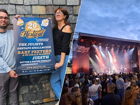 Links: huidig voorzitter van vzw Hestival Robin Bastaens en de eerste voorzitter Els De Ceuster. Rechts: een beeld van een eerdere editie van Hestival/