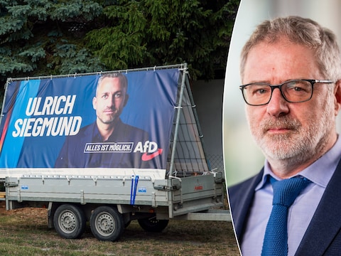 Links: een poster voor de verkiezingen van lijsttrekker Ulrich Siegmund. Rechts: onze reporter Erwin Verhoeven.