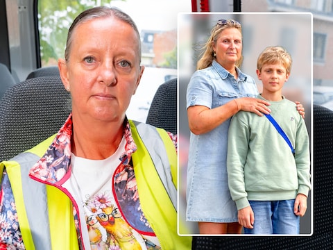 Busbegeleidster Mieke (links) stelt zich vragen bij de staat van haar bus. “Dat is gewoon een wrak.” Veronique (inzet) maakt zich zorgen over de chauffeur die haar zoontje naar school brengt.