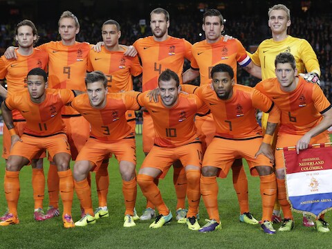 Het Nederlands elftal voor de wedstrijd tegen Colombia.