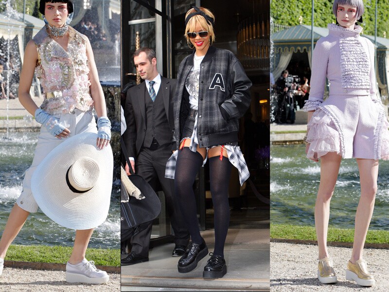 Schoenen van Chanel in metallictinten, Rihanna met zwarte lakladeren modellen en model op de voorstelling van de cruisecollectie van Chanel.