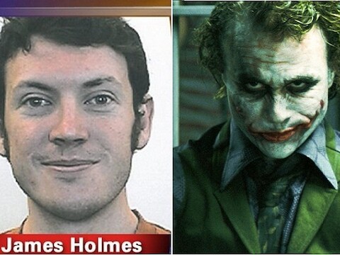 Links dader James Holmes en rechts Heath Ledger als het personage 'The Joker' uit de Batman-films.