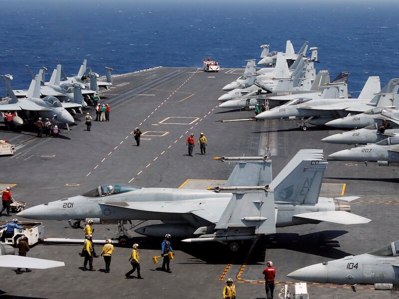 De USS Carl Vinson tijdens een routineoefening in de Zuid-Chinese zee begin maart.