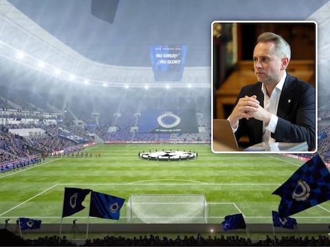 Een conceptbeeld van het nieuwe stadion van Club Brugge. Rechts: schepen Pieter Marechal (cd&v).