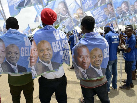 Aanhangers van president Goodluck Jonathan nemen deel aan een verkiezingsrally in Akure, in het zuidwesten van Nigeria.