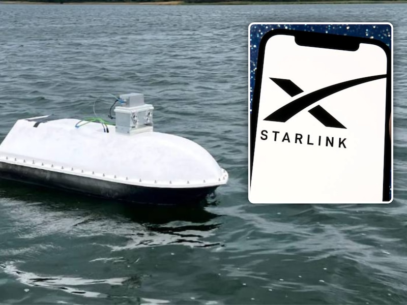 Links: een prototype van een onbemand vaartuig van Saronic Technologies, bedacht door studentonderzoekers van de Naval Postgraduate School (NPS). Inzet: Starlink, het wereldwijd satellietinternetnetwerk, ontwikkeld door SpaceX.