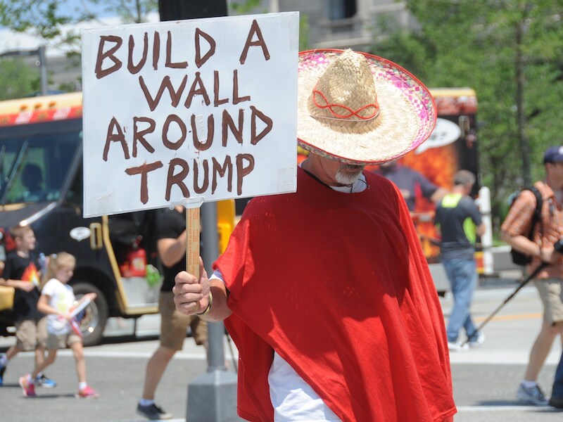 Een anti-Trumpdemonstrant op de Republikeinse Conventie in Cleveland, afgelopen zomer.