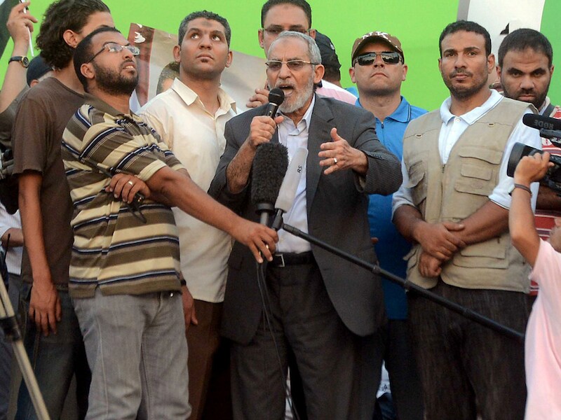 Mohamed Badie, de leider van de Moslim Broederschap, tijdens een toespraak.