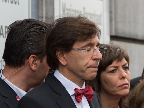 Premier Di Rupo en Joëlle Milquet tijdens een herdenkingsplechtigheid bij het Joods Museum in Brussel.