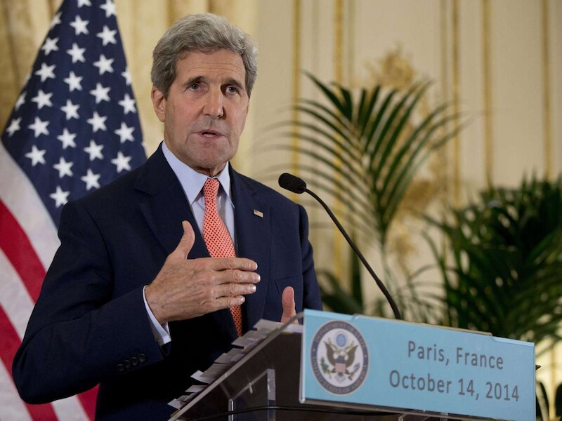 John Kerry vandaag op de persconferentie in Parijs.