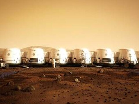 Een impressie van Mars One hoe het dorp op de Rode Planeet er in 2023 zou moeten uitzien.