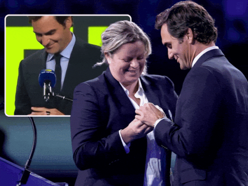 KIJK. Nadat de tranen afgelopen weekend al flink vloeiden: Kim Clijsters overhandigt Roger Federer Hall of Fame-Ring