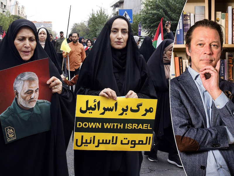 Iraanse vrouwen tijdens een anti-Israël-protest. Eén van hen draagt een bord met de beeltenis van Qassem Soleimani, de gedode leider van de  Iraanse Revolutionaire Garde. /  Midden-Oosten expert Koert Debeuf (VUB).