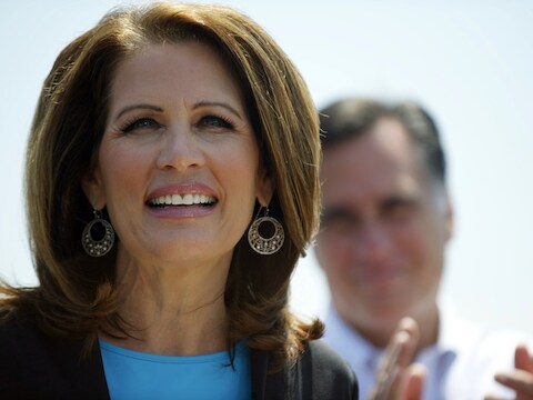 Michele Bachmann en Mitt Romney in Virginia op 3 mei.