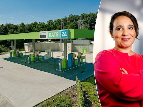 Foto links: de betaalterminal bij een DATS 24-pomp. Bij technische haperingen kan het gereserveerde waarborgbedrag soms enkele dagen op je rekening blijven staan. Foto rechts: expert Safia Yachou geeft meer tekst en uitleg over het systeem.