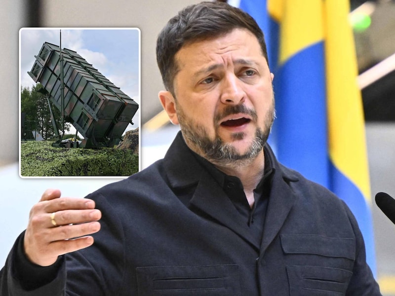 De Oekraïense president Volodymyr Zelensky en een Patriot-luchtverdedigingssysteem (inzet). 