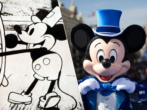 Links: de originele Mickey Mouse uit 'Steamboat Willie' uit 1928. Rechts: Mickey Mouse zoals we de muis vandaag kennen.