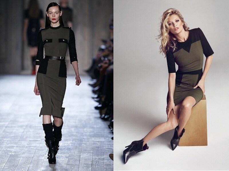 Links: het ontwerp van Victoria Beckham op de catwalk, rechts: Kate Moss in het ontwerp van Mango