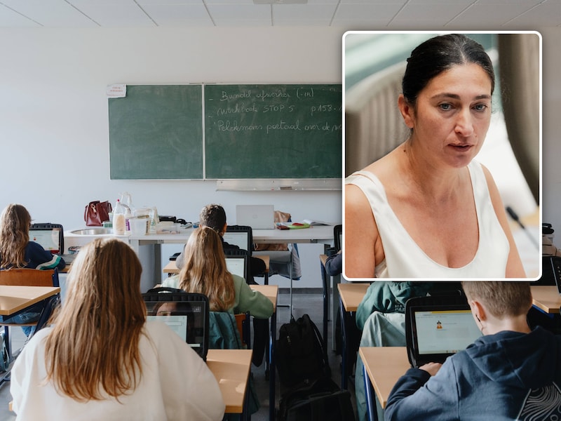 Een schoolklas. Kleine foto: Vlaams minister van Onderwijs Zuhal Demir (N-VA).