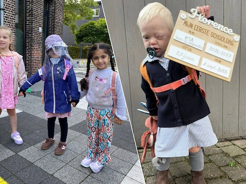 Maankindje Nora (links) uit Rumst is eindelijk herenigd met haar vriendjes van de derde kleuterklas. Rechts: Florence gaat ondanks haar hersentumor voor het eerst naar school.