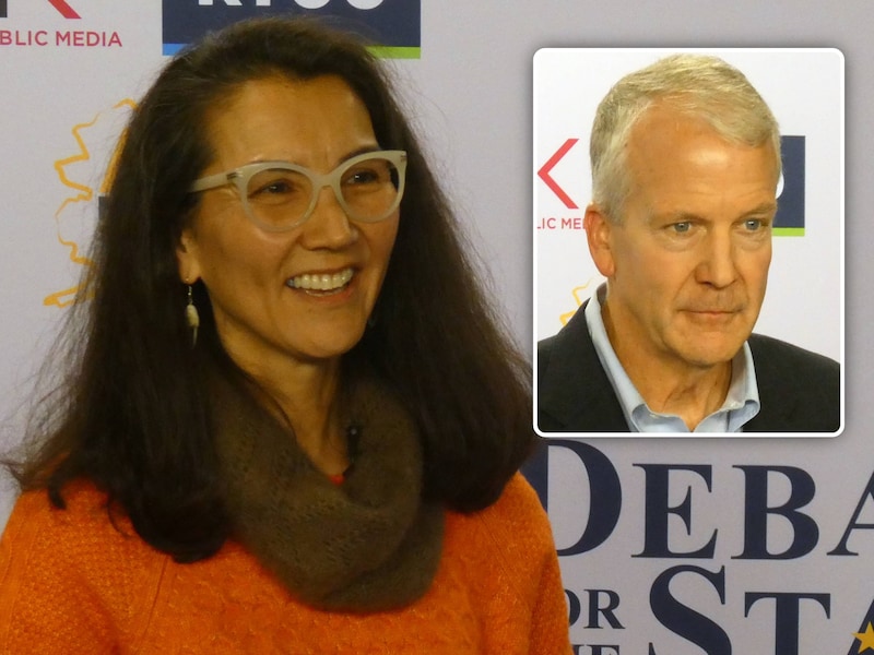 De Democratische kandidate voor de Senaat in Alaska, Mary Peltola. Inzet: Republikeins senator en kandidaat Dan Sullivan.