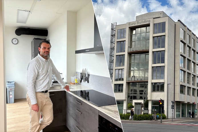 Operationeel manager Frédéric Femont in een van de mooi ingerichte keukens voor de arbeiders. Euro Building op de hoek van de Plantin en Moretuslei en de Montensstraat in Borgerhout.