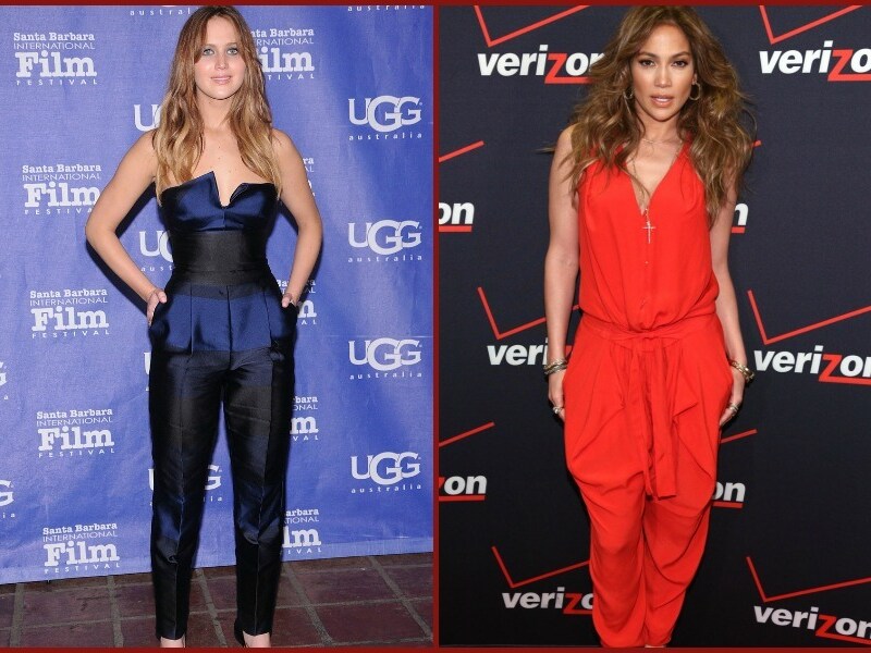 Jennifer Lawrence (links) toont Jennifer Lopez (rechts) hoe een jumpsuit stijlvol kan zijn.