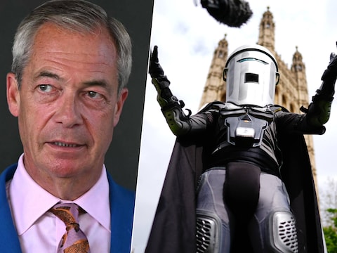Nigel Farage vs. de in een vuilnisbakpak rondlopende Count Binface.