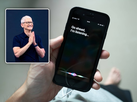 Tim Cook, de voormalige CEO en huidig bestuursvoorzitter van Apple (inzet)/ Siri, de virtuele assistent van Apple. 