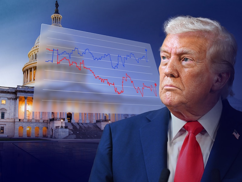 Donald Trump en een foto van het Capitool, de zetel van het Amerikaanse parlement waarvoor er in november wordt gestemd.
