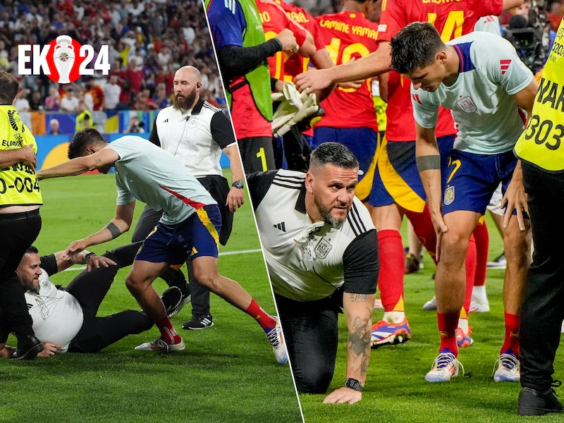 Spaans staflid glijdt weg in jacht op veldbestormer en blesseert zo aanvoerder Morata tijdens ererondje