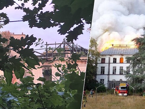 Vanuit het bos is te zien dat kasteel Slotendries volledig vernield is door de brand. 