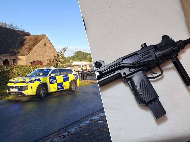 Politie is ter plaatse in Tervenen, een gehucht in het Oost-Vlaamse Evergem. Rechts: illustratiebeeld van een Uzi, waarmee de man zwaaide.