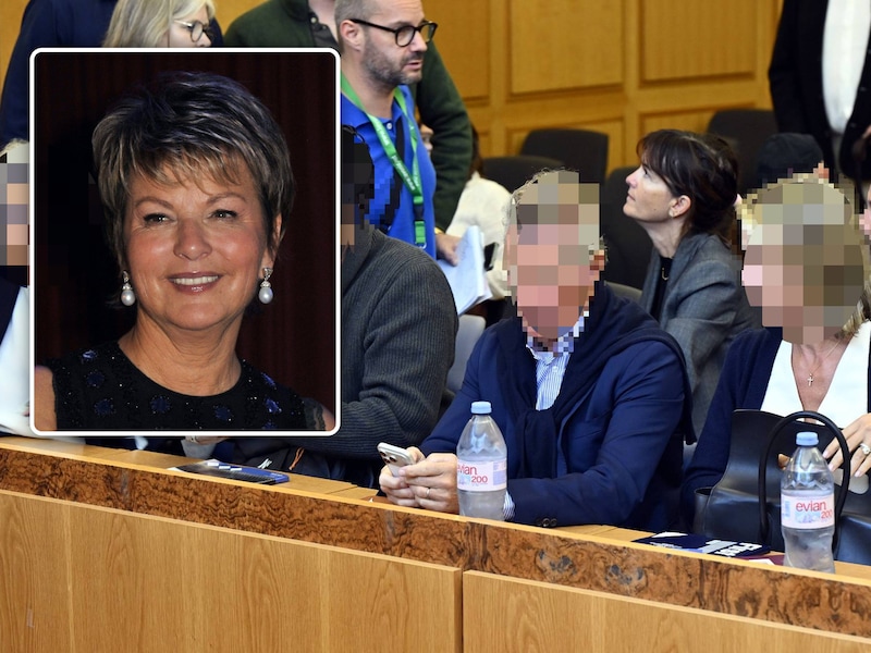 Gilles Lemaire (tweede van links) en Virginie Lemaire (rechts), de kinderen van slachtoffer Myriam ‘Mimi’ Ullens (inzet), kwamen getuigen in de rechtbank.