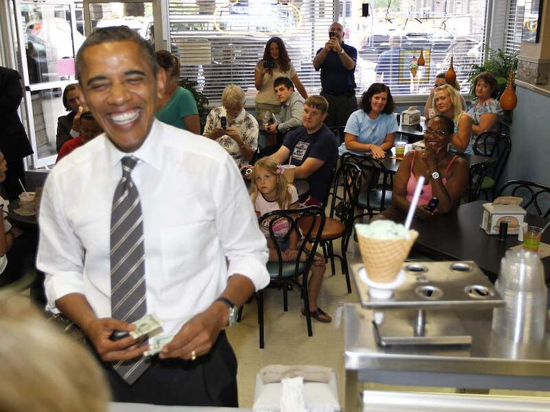 Barack Obama in Deb's Ice Cream and Deli in Cedar Rapids, Iowa.