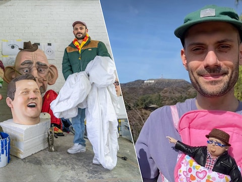 Nicolas Keppens recent nog in zijn atelier in Aalst met de carnavalskoppen van de prinsenverkiezing. Nu is hij in Hollywood.