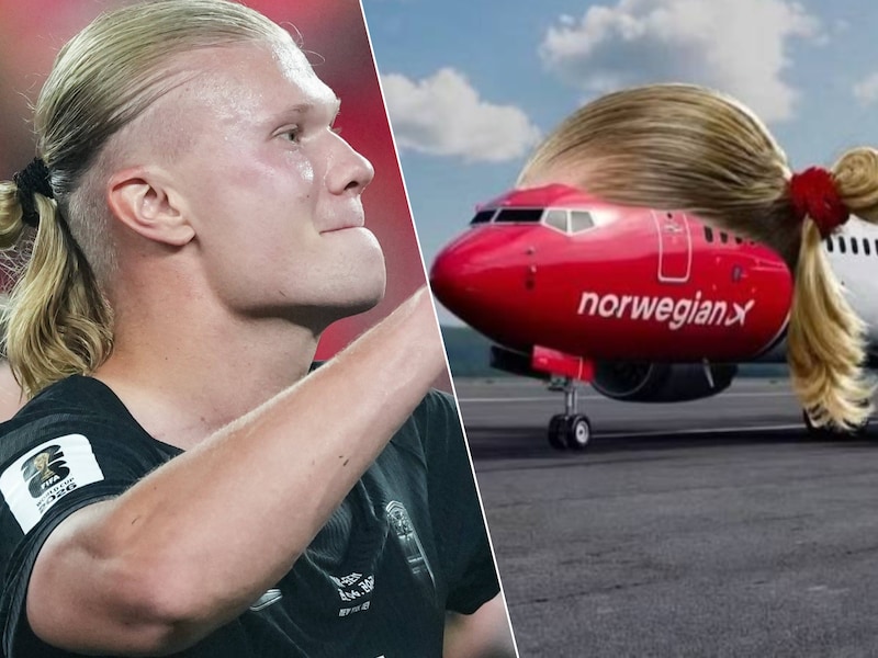 L: Erling Haaland met zijn typerende paardenstaart op het WK. R: Norwegian Air Shuttle gebruikte het uiterlijke kenmerk om reclame te maken.