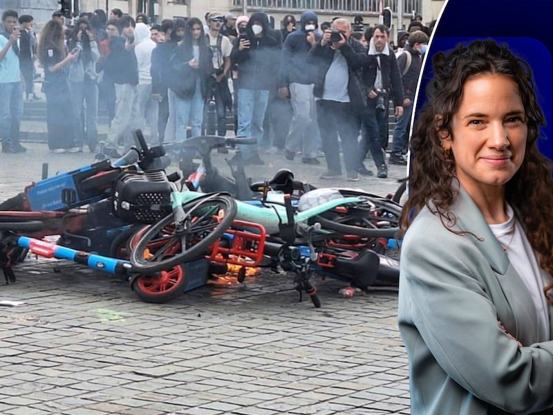Tijdens betoging in Brussel vandaag werden deelfietsen en -steps brand gestoken. Rechts: politiek journaliste Isolde Van den Eynde.