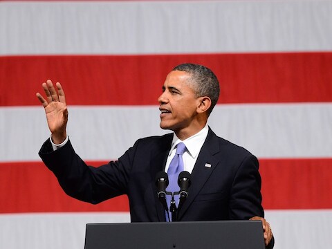 Barack Obama tijdens een toespraak in Boston, Massachusetts.