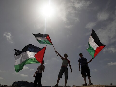 Palestijnse jongens zwaaien met vlaggen.