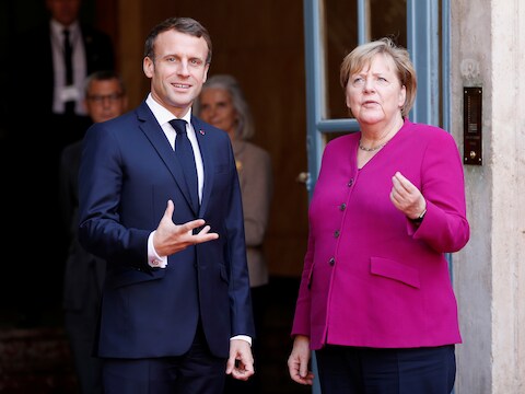 Emmanuel Macron en Angela Merkel tijdens een meeting in Toulouse vorige maand.