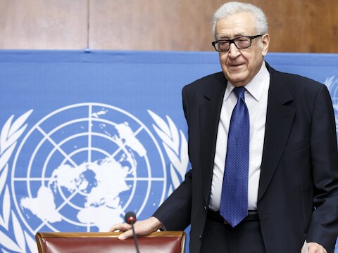 Lakhdar Brahimi tijdens een persconferentie in februari.