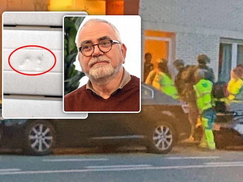 Speciale eenheden en ambulanciers aan de noodwoning in Herent, waar N. zich had verschanst. Inzetfoto links: de kogelinslag in het rolluik van de overbuurvrouw. Inzetfoto midden: burgemeester Luk Draye.
