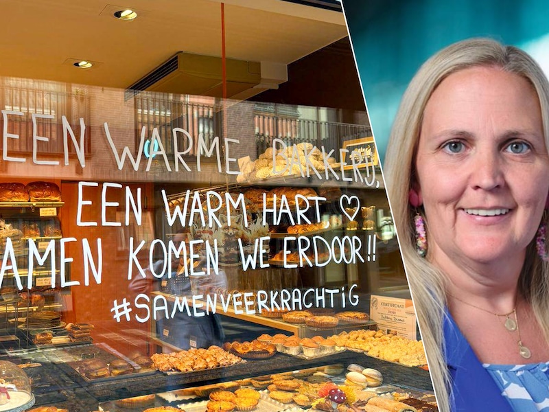 Hartverwarmende spreuken tekenen de etalages van Koekelaarse handelaren., Schepen van Sociale Zaken Joke Verhelst (VOOR Koekelare)
