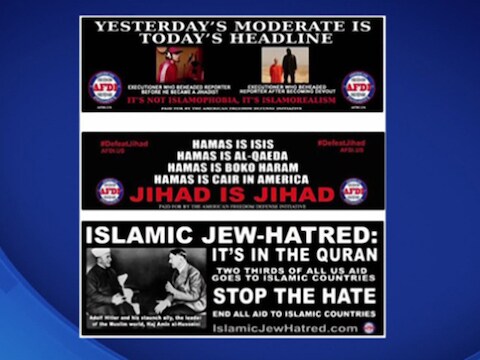 De bovenste anti-islamposter met daarop James Foley (linksboven) is uit het straatbeeld van New York verwijderd.
