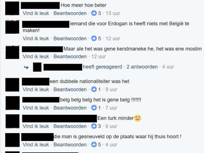 Geanonimiseerde haatdragende en racistische reacties op de dood van Kerim A. op Facebook.