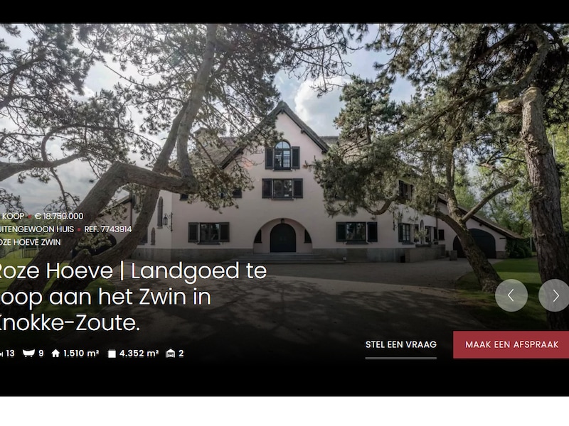 De advertentie voor de Roze Hoeve op immobrownknokke.be. De ligging van De Roze Hoeve is zelfs voor Knokke ongezien.