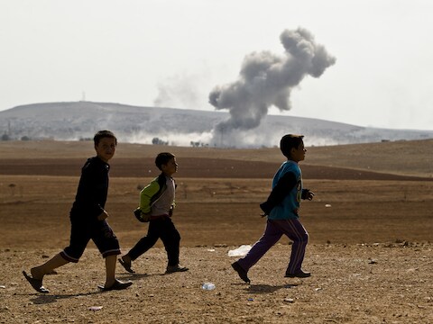 Kinderen nabij de stad Kobane in Syrië.